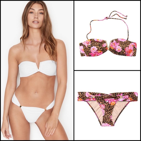 VS Leopard Floral Bandeau Bikini Matching Set Top Bottoms - Picture 2 of 9